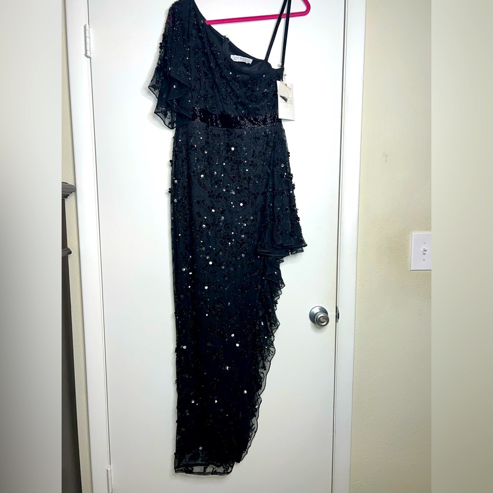 MAC DUGGAL ONE SHOULDER ASYMMETRICAL RUFFLE BLACK Sequin Evening GOWN Dress sz 8